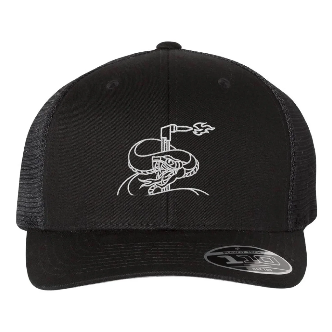 Black mesh-back cap with a white snake and welding torch logo